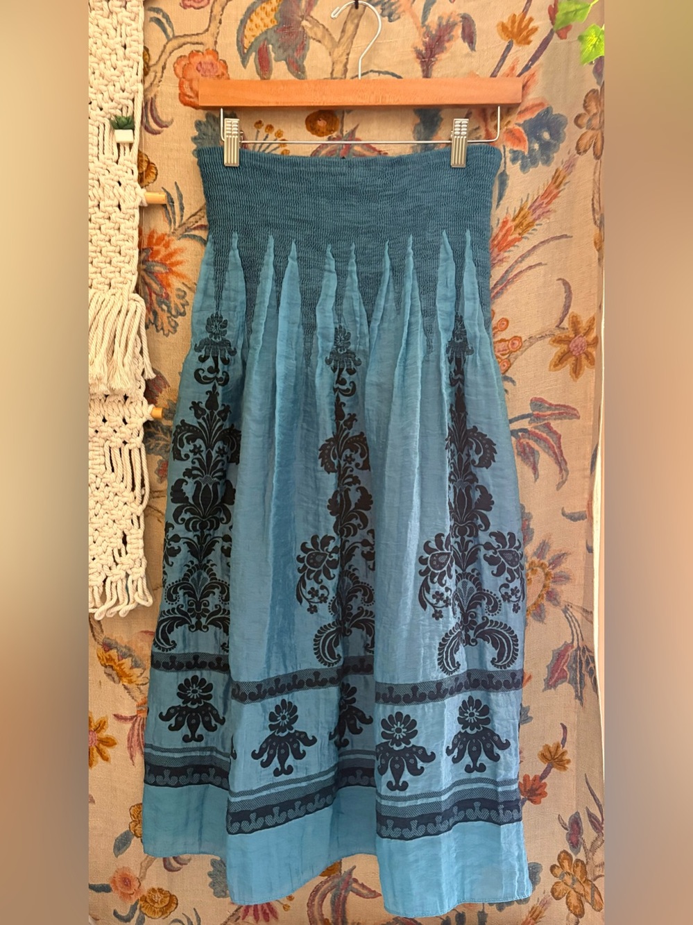 Lapis Teal Maxi Skirt with Black Damask Print